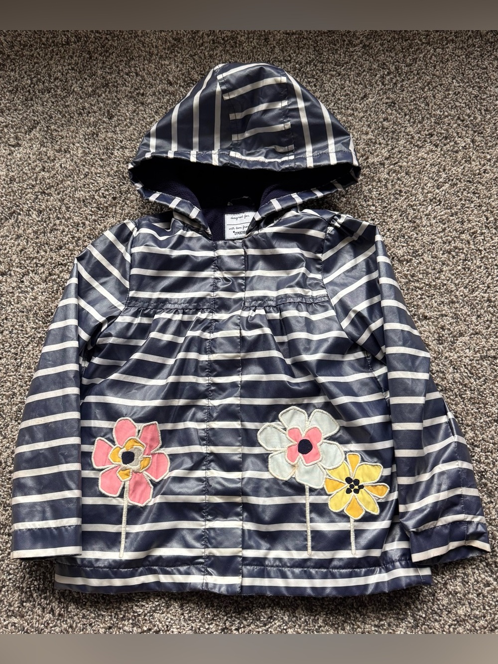 Gymboree Navy & White Striped Hooded Raincoat with Floral Patches